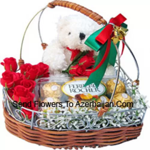 A Beautiful Basket Made Up Of Roses, 16 Pcs Ferrero Rochers And A Cute White Teddy Bear