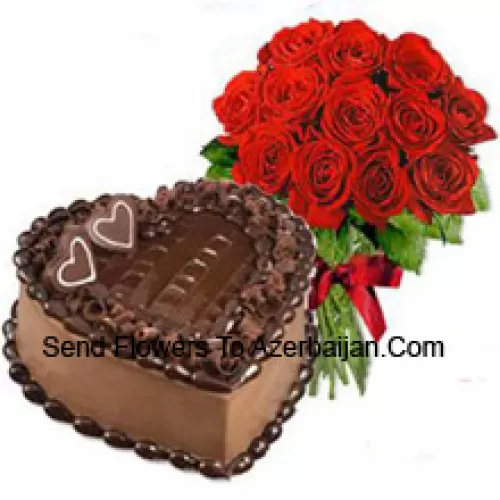 Bunch Of 11 Red Roses With Seasonal Fillers Along With 1 Kg Heart Shaped Chocolate Cake