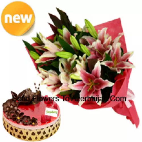 A Beautiful Hand Bunch Of Pink Lilies And 1 Kg Strawberry Cake