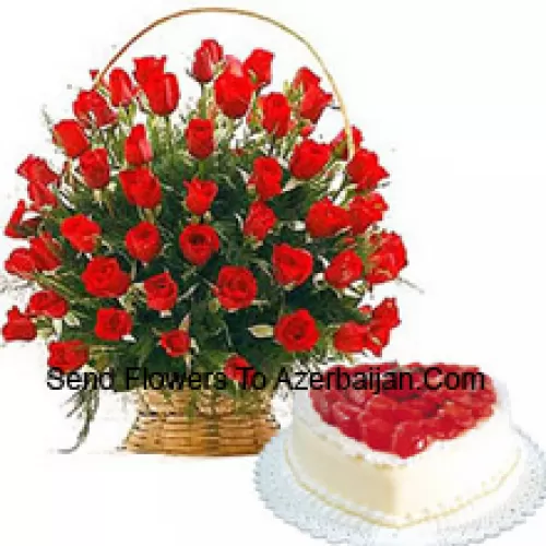 A Beautiful Basket Of 51 Red Roses With Seasonal Fillers And A 1 Kg Heart Shaped Vanilla Cake