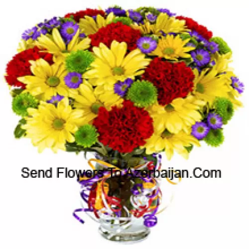 Red Carnations And Yellow Gerberas Beautifully Arranged In A Vase -- 25 Stems And Fillers