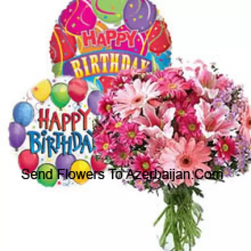 Assorted Flowers In A Vase Along With Birthday Balloons