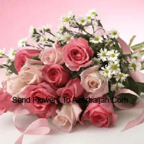 Bunch Of 11 Pink Roses With Purple Statice