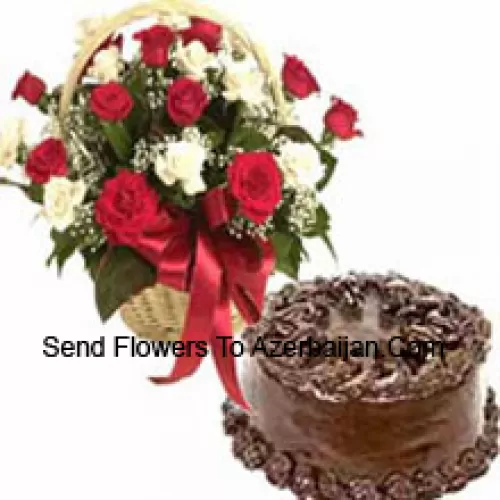 Basket Of 25 Mixed Colored Roses And A 1 Kg (2.2 Lbs) Chocolate Cake