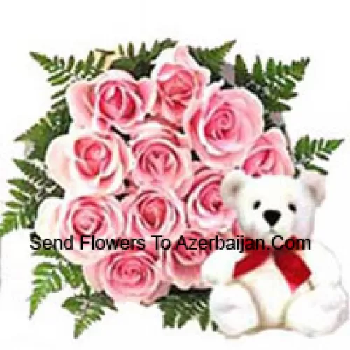 Bunch Of 11 Pink Roses With A Cute Teddy Bear