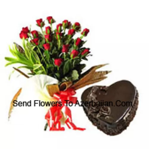 Bunch Of 25 Red Roses With 1 Kg Heart Shaped Chocolate Cake