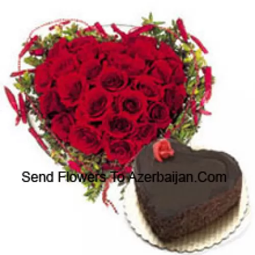 Heart Shaped Arrangement Of 41 Red Roses Along With 1 Kg Heart Shaped Chocolate Cake