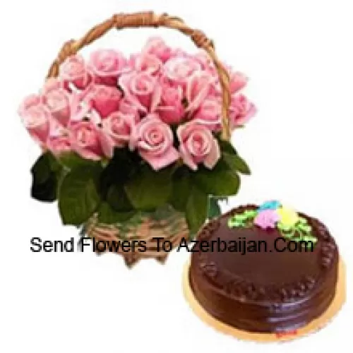 Basket Of 25 Pink Roses Along With A 1 Kg Chocolate Truffle Cake
