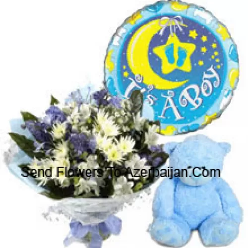 Bunch Of Assorted Flowers, A Cute Teddy Bear And A Baby Boy Balloon