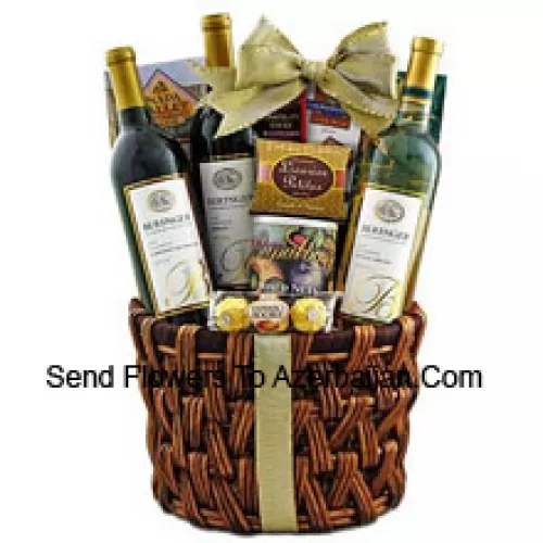 This Gift Basket includes Beringer California Collection Cabernet Sauvignon Red Wine, Beringer California Collection Merlot Red Wine, Beringer California Collection Pinot Grigio White Wine, Ghirardelli chocolate, Ferrero Rocher fine hazelnut chocolates, Napa Valley honey mustard sourdough nuggets, Cashew Roca buttercrunch toffee with chocolate and cashews, Rademaker raspberry chocolate sticks, JM Morgans licorice petites And Fancy mixed nuts in a gift tin. (Contents of basket including wine may vary by season and delivery location. In case of unavailability of a certain product we will substitute the same with a product of equal or higher value)
