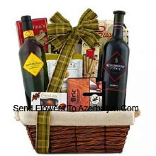 This Gift Basket includes Rosemount Estate Black Diamond Label Shiraz Red Wine, Rosemount Estate Chardonnay White Wine, Brie cheese spread, Three pepper blend crackers, Olive oil cucina chips, Guylian Belgian chocolate shells, Angelina’s sweet butter cookies, Dolcetto filled wafer roll And Feridies extra-large gourmet Virginia peanuts. (Contents of basket including wine may vary by season and delivery location. In case of unavailability of a certain product we will substitute the same with a product of equal or higher value)