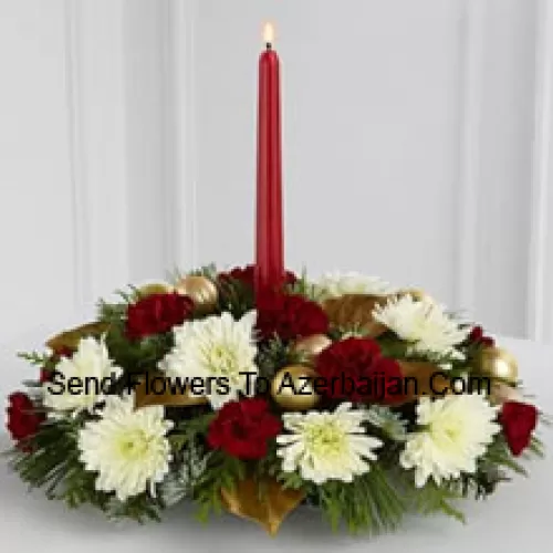 The Light & Love Holiday Centerpiece adds that special touch to any seasonal gathering. White snowflake chrysanthemums and burgundy mini carnations are accented with lush holiday greens and bedecked with matte gold glass balls, gorgeously arranged around a burgundy taper candle, to create a warm wish for a perfect holiday season. (Please Note That We Reserve The Right To Substitute Any Product With A Suitable Product Of Equal Value In Case Of Non-Availability Of A Certain Product)